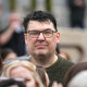 Graham Linehan during a rally in Belfast in 2023.
