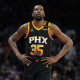 Kevin Durant on the the court during the first half of a basketball game against the Cleveland Cavaliers.