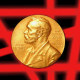 Photo illustration of Nobel Prize against a messy grid of red lines 