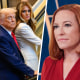 Donald Trump (left) descends an escalator at the UN with a headshot of Jen Psaki (right)