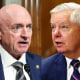 A split composite image of Mark Kelly, left, and Lindsey Graham