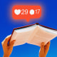 Hands hold a book, while a Likes and Comments notification bar sit above it.