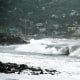 An ocean wave crashes by the shore