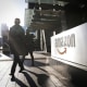 Pedestrians outside an Amazon office.