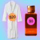 A white robe, body gel bottle, and water bottle with small price tag stickers on them surrounded by a pink glow.