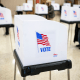 Voting booths and voters are seen on Election Day at a polling location.