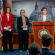 From left, Senator Catherine Cortez Masto, Senator Maggie Hassan, Senator Jeanne Shaheen, Senator Angus King and Senator Tim Kaine at a news conference at the Capitol.