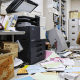 Bookshelves and documents that fell during an earthquake are seen at Kyodo News' Hakodate bureau in Hakodate