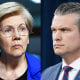 A split composite image of Elizabeth Warren, left, and Pete Hegseth