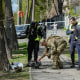 Police officers inspect fragments of a Russian drone on a sidewalk outside