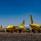 SyOut-of-service Spirit Airlines aircraft rest at Phoenix Goodyear Airport in Arizona on May 2, 2026.