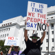 People hold signs outside against redistricting, slogans such as "It's About Us" / "No to Election Rigging" / "It is time we the people say no" / and "Who invited Jim Crow?" can be seen written on signage