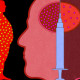 Illustration of two faces facing a heavier body and a thinner body, while an injectable splits the frame.