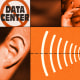 A photo illustration that shows a data center billowing smoke, a "No data center" sign, an ear, a hand placed on someone's head indicating a headache, and curved lines indicating volume level