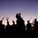 Indigenous people wearing large bird feathers on their heads silhouetted against a dark sky at sunrise.
