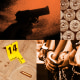 An illustration depicting various elements, from top left, including: a hand holding a gun, the backs of 9mm bullets, prison cell bars, a yellow crime scene marker with the number "14" in front of a bullet on the concrete circled in white chalk, and a row of hands in chained handcuffs