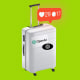 A suitcase with Open AI logo stickers and an Instagram-style notification alert showing 29 likes and 17 comments.