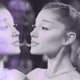 Photo illustration of Ariana Grande, showing blurry reflections of the same photo, overlayed with purple.