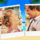 Photo Illustration of a torn photo of a bride and groom against a tropical beach with palm trees.