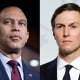 A split composite image of Hakeem Jeffries, left, and Jared Kushner