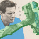 Photo illustration of a gavel, a hundred-dollar bill, and David Ellison.