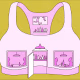 Illustration of a woman's sports bra showing the windows, entrance and shelves of a sports bar. Soccer plays on the television.