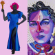 Side by side of “Trans Forming Liberty,” by Amy Sherald; Marinna Shareef with Andil Gosine's "God of Whimsy" and "Stitched to You," by Sola Olulode.