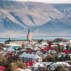 Cityscape of downtown Reykjavik in Iceland with mountain Esjan in the background