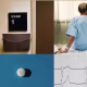 Photo illustration of exam room at doctors office, a pill, a patient on a hospital bed, and a blood pressure reading 