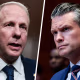 A split composite image of Stephen Feinberg, left, and Pete Hegseth
