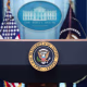 The podium in the White House press briefing room.