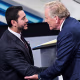 U.S. Senate candidates Democrat Abdul El-Sayed, left, and Republican Mike Rogers shake hands.