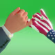 Illustration of Trump's hand, with a "47" golden cufflink on his suit, making a "pinky promise" gesture with an American flag-clad hand.