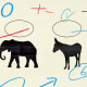 Illustration of ballot bubbles with a republican elephant and democratic donkey, as well as scattered numbers and arrows and math symbols.