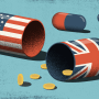 Illustration of a broken open pill, one side with an American flag and another side with the British flag. Coins fall out of the pills.