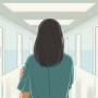 Illustration of woman standing in empty hospital hall.