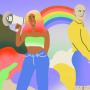 Illustration of LGBTQ+ people in a Garden of Eden near a rainbow.