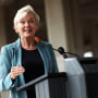 Energy Secretary Jennifer Granholm speaks before raising the Progress Pride Flag for the first time outside the Department of Energy on June 2, 2021, in Washington.