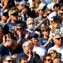 Two Penn State fans wear masks in the stands during the Ball State Cardinals versus Penn State Nittany Lions game on Sept. 1, 2021, at Beaver Stadium in University Park, Pa.