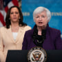 Treasury Secretary Janet Yellen speaks alongside Vice President Kamala Harris in Washington on June 15, 2021.