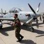 U.S. funded Super Tucano planes sit on display during hand over from NATO led Resolute Support to Afghanistan at the military Airport in Kabul, on Sept. 17, 2020.