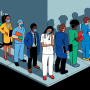 Illustration of healthcare workers waiting on a long line; one nurse holds her head in her hands.