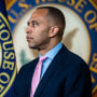 Democratic Caucus Chair Hakeem Jeffries, D-N.Y., listens at the press conference after the House Democrats caucus meeting in the Capitol on April 5, 2022.
