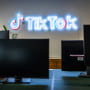 The logo of video-focused social networking service TikTok, at the TikTok UK office, in London Feb. 9, 2022