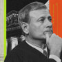Photo illustration of Supreme Court Chief Justice John Roberts next to memos he drafted in the 1980's on voting rights; the Supreme Court in Washington; an American flag; and columns.
