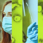 Photo illustration of Covid-19 spores, a woman wearing a mask, a gloved hand holding a Covid-19 test swab, CDC Director Rochelle Walensky, and a healthcare worker administering a vaccine.