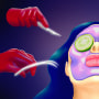 Drawn illustration of a woman with overfilled lips wearing a face mask and cucumber slices, surrounded by red-gloved hands holding scalpels and other surgery tools.