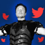 Photo illustration: Red colored Twitter logos flying out as Elon Musk stands with open arms.