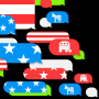 Illustration: Text message bubbles coming up from the bottom right corner with stars, stripes and the Democratic and Republican party symbols.