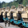 U.S. Army Abrams tanks of the 2nd Brigade 69th Regiment 2nd Battalion at the Mockava railway station in Lithuania on Sept. 5, 2020.